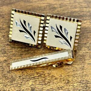 Swank Gold Plated Diamond Cut Square Vintage Cufflinks Tie Clip Prong Set